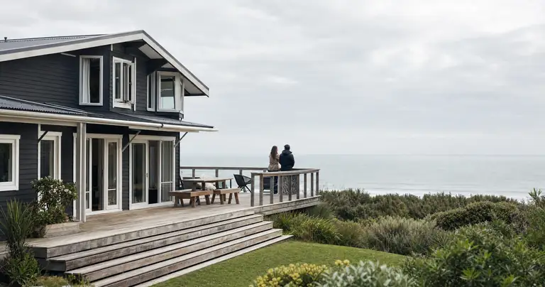 A deck on a New Zealand house in the morning.